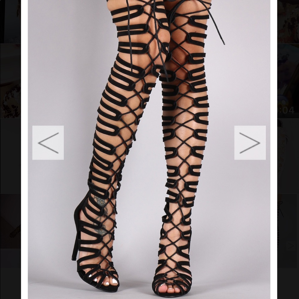 Suede Strappy Lace-Up Thigh High Heels
